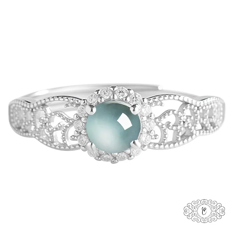 

Serene Blue Jade Ring, Natural Translucent Cabochon With Vintage Elegant Openwork Silver Band, Unique Artisan Jewelry Gift