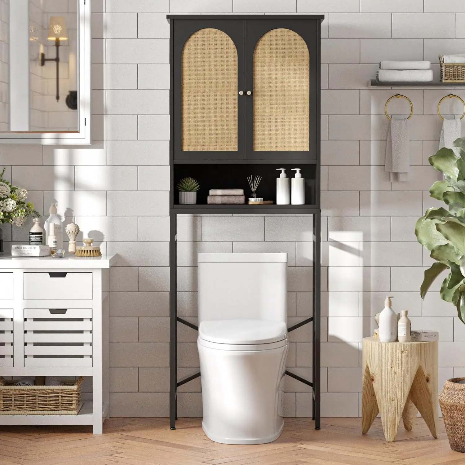 

Rattan Toilet Storage Cabinet, Over The Rack Wood Cabinet with Metal Stand, Bathroom Organizer with Adjustable Shelf, Tall Fr