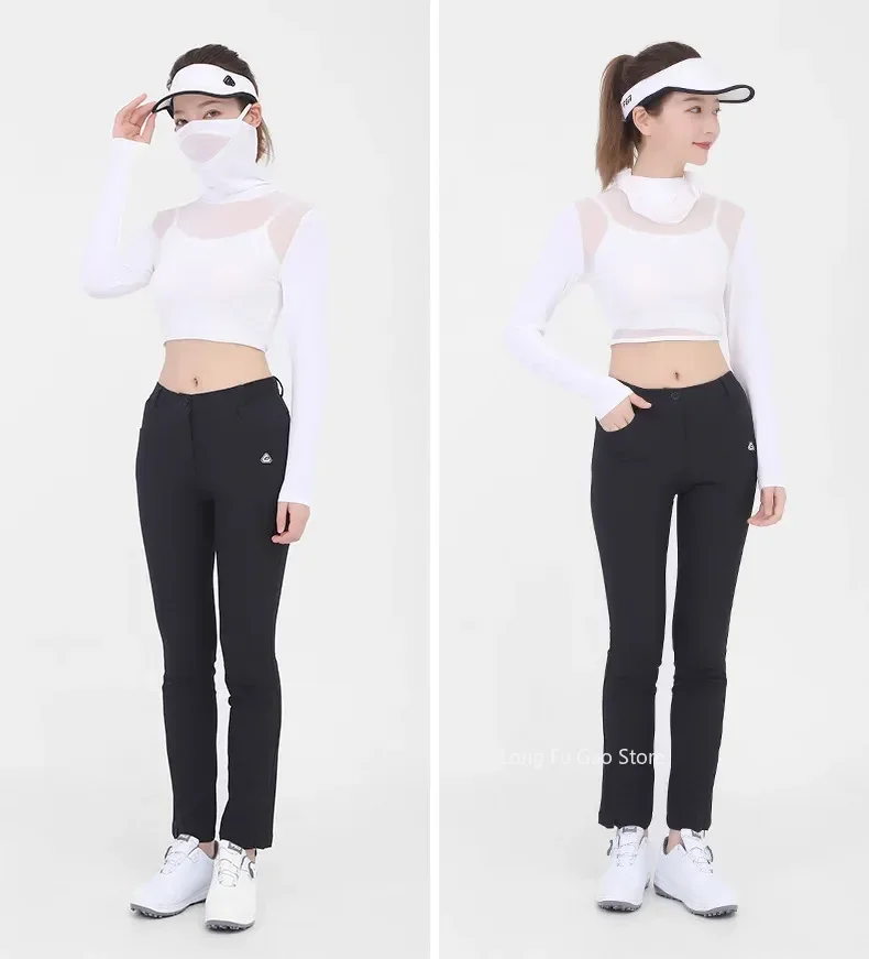 Pgm Womens Ice Silk Cool Shirts Half-Length Long Sleeve Cropped Tops Summer Sunscreen Golf Underwear With Mask Anti-UV UPF40+