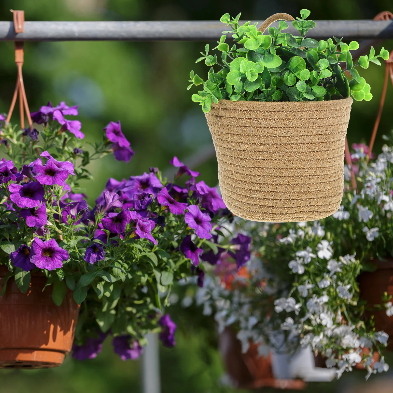 

Rustic Cotton Rope Woven Hanging Basket Lightweight Wall Decor Small Storage Basket Flower Holder for Home Garden Balcony Office