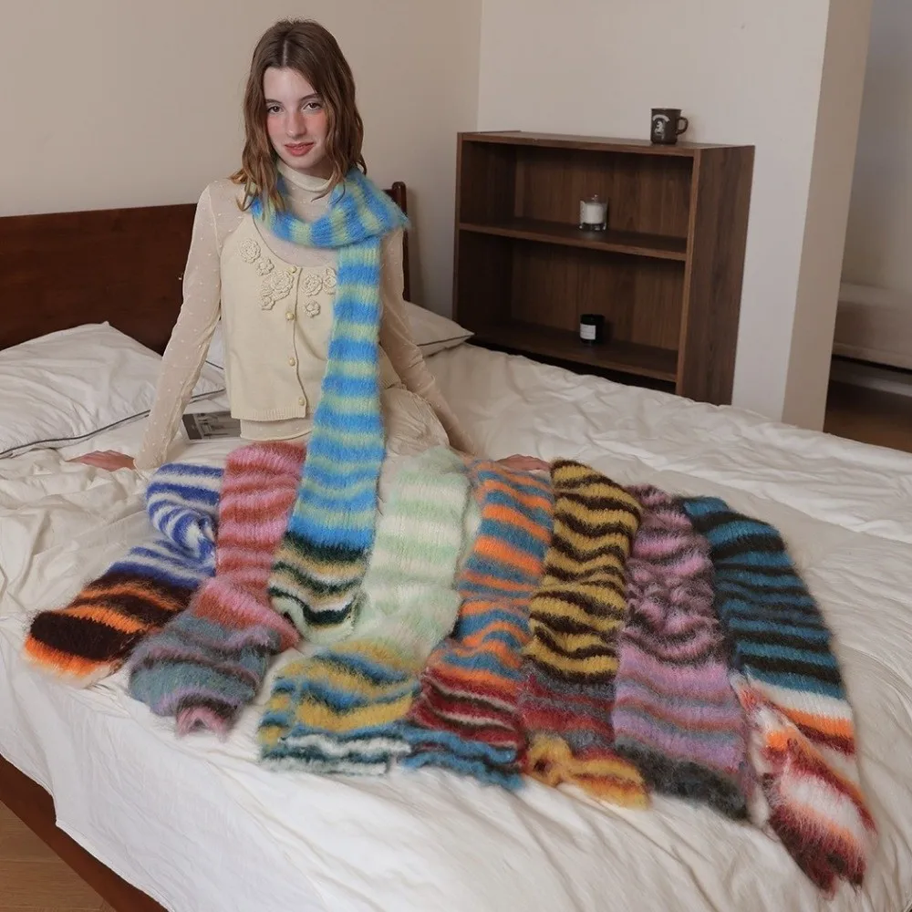 Classic Soft Stripe Scarf Thick Rainbow Color Warm Shawl Winter Warm Windproof Pashmina Scarf
