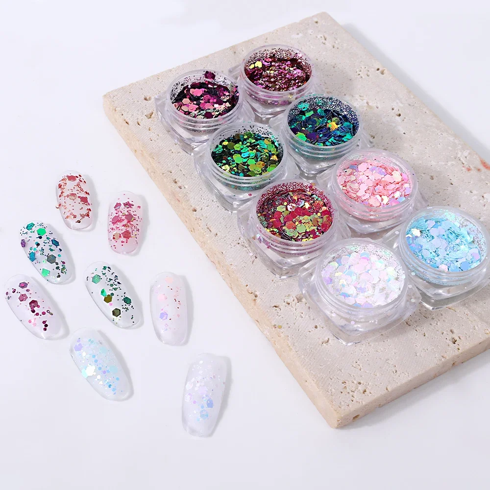 3D Sparkly Nail Sequins Laser Mixed Nail Glitter Hexagon Flakes Powder Sequins Shinning Colorful Nail Flakes DIY Nail Decoration