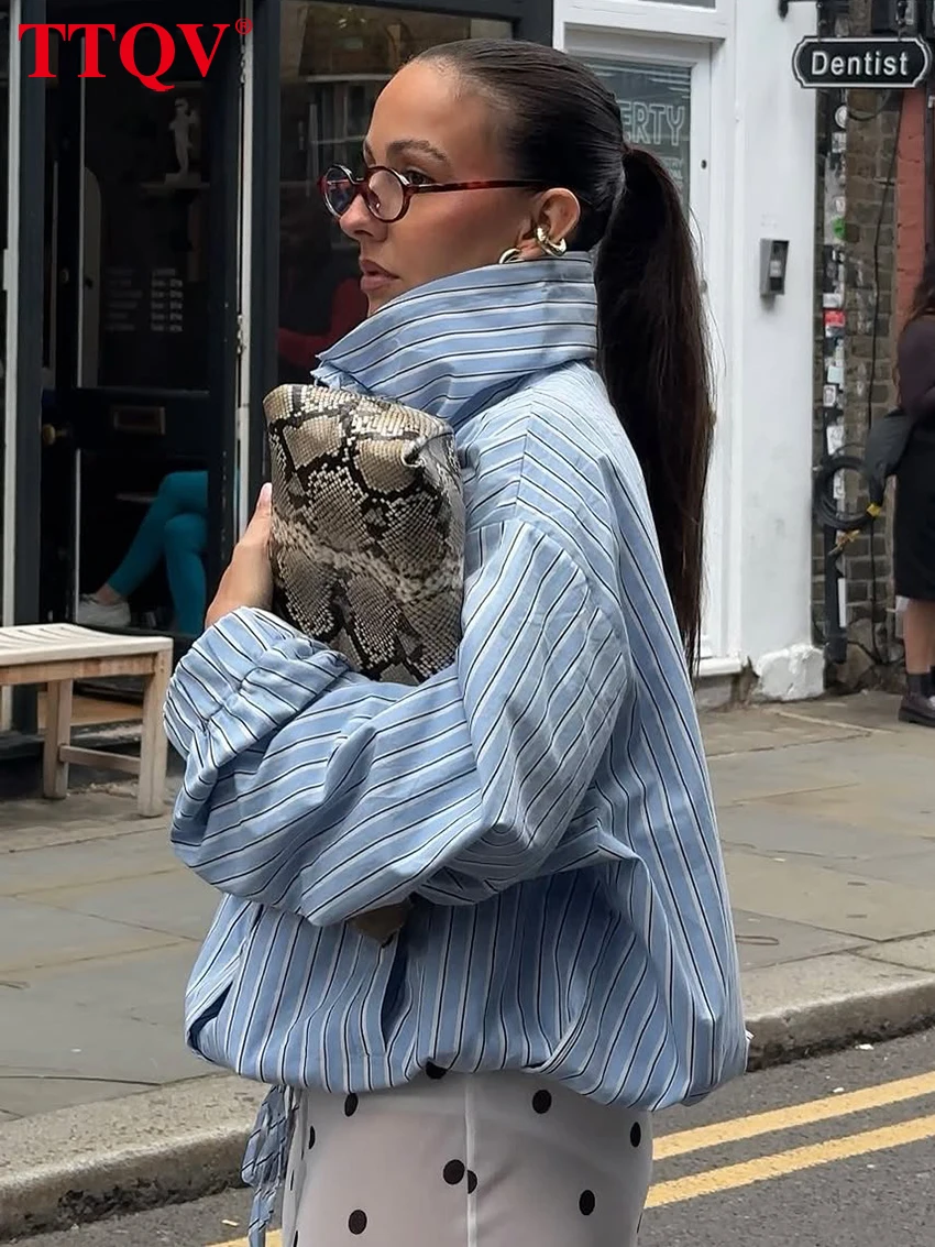 Women's Stripe Print Turtleneck Long Sleeve Shirt Top