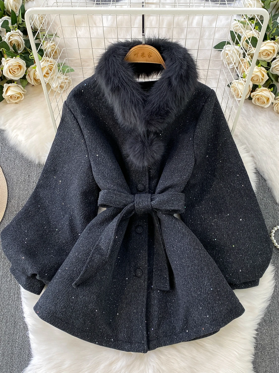 

Faionable iny Sequin Woolen Coat Women's Spring Autumn Belted Waist Cinched Fur Collar Jaet Sli Midi Length Coat