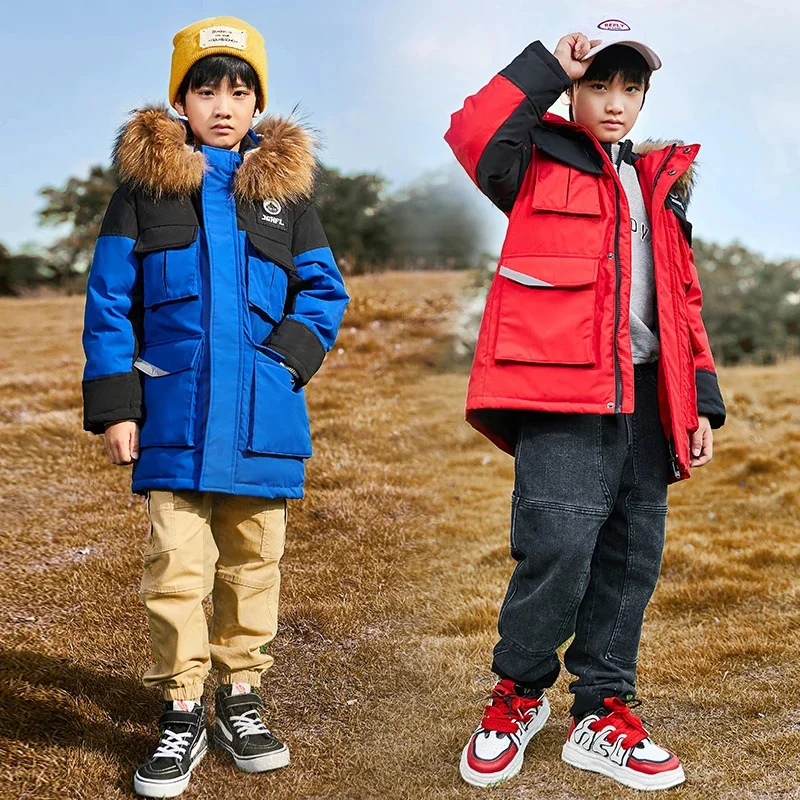 Medium Length Boys Down Thickened Yellow Blue Green Red Coat Big Childrens Kids Fur Collar Hooded Jacket Clothes Winter