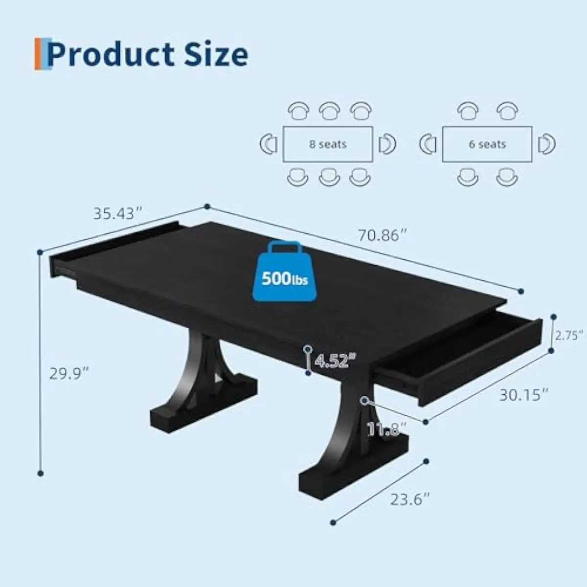 71-inch rectangular industrial dining table for 6 to 8 persons featuring dual end-mounted drawers, robust iron frame with reinfo