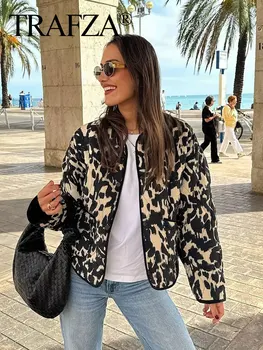 Trafza-ポケット付きレディースヒョウ柄ルーズフィットコットンコート、シングルブレスト装飾、長袖、カジュアルウィンターコート、2022