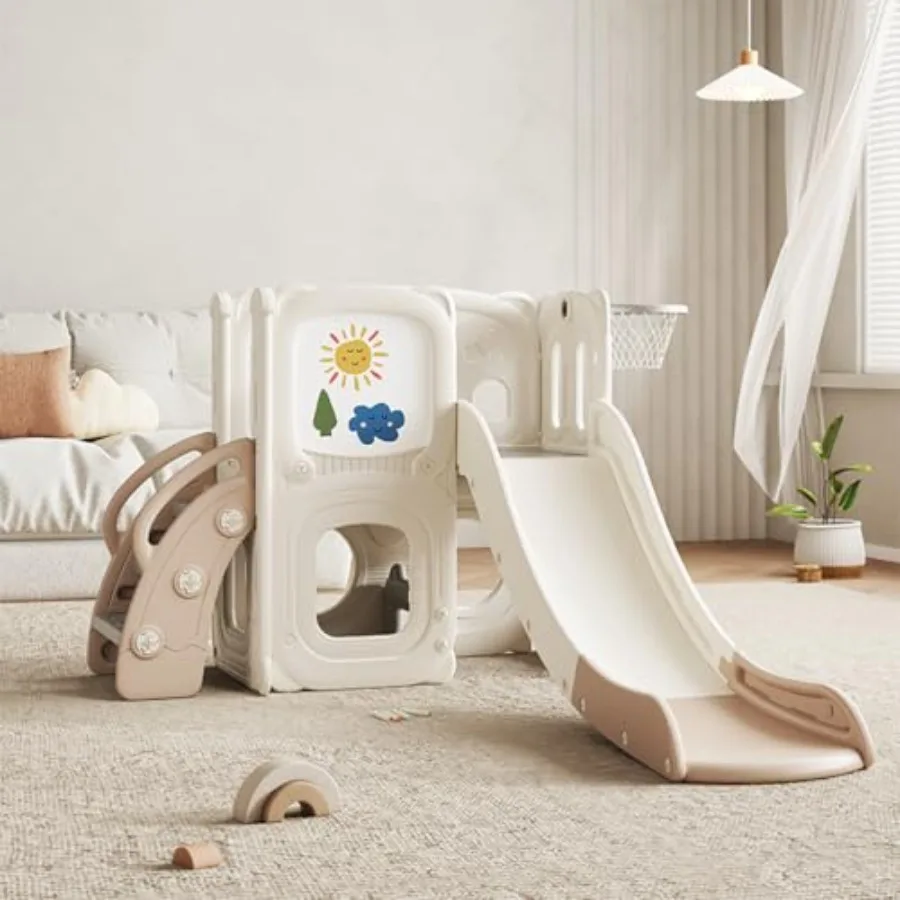 

Toddler Slide Playset Indoor Playground with Climber for Toddlers Basketball Hoop Artboard Play Equipment for Backyard/Living R