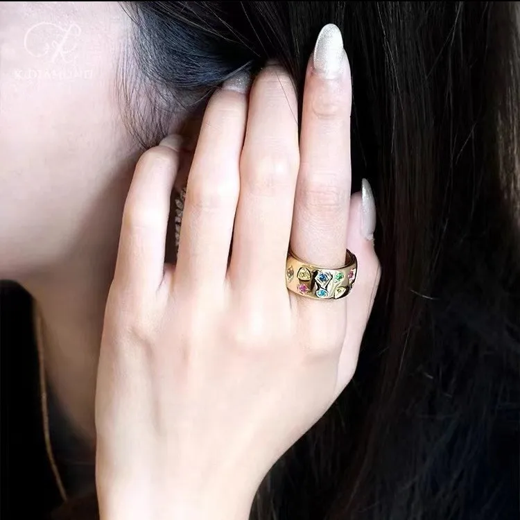 European and American Fashion Personality Double Row Color Zircon Geometric Gold Ring for Women 678 Size Versatile Jewelry Gift