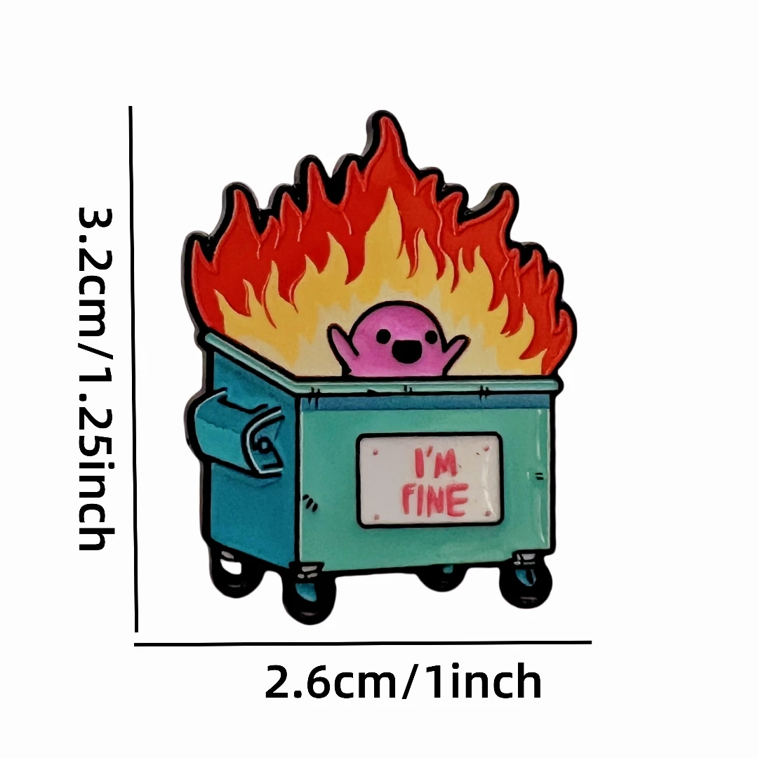 '' I'm Fine'' Burning Trash Can Halloween Enamel  Pin - Cute Devil Badge - Spooky Humor Brooch for Clothes Gifts