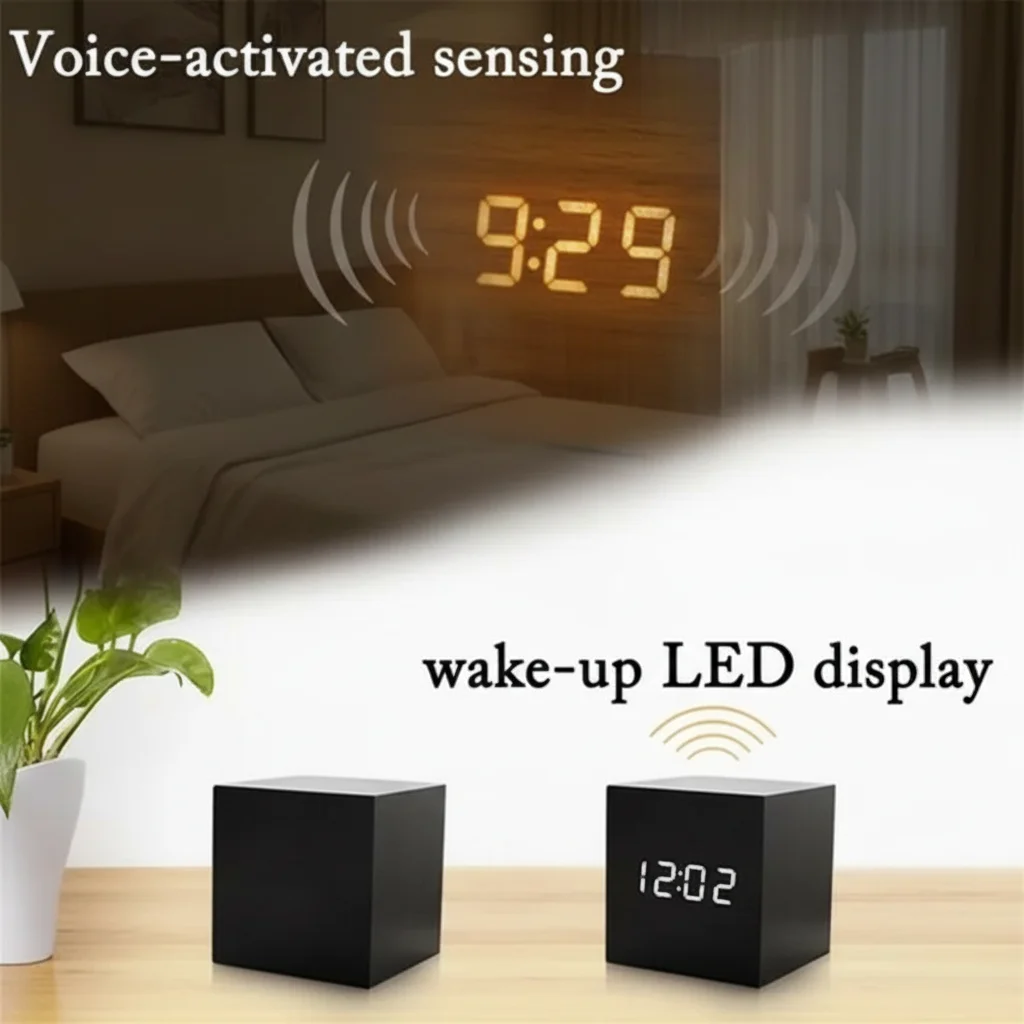 Digital Electronic Clock with Voice Control Multifunctional Luminous LED Wooden Alarm Clock for Home Office