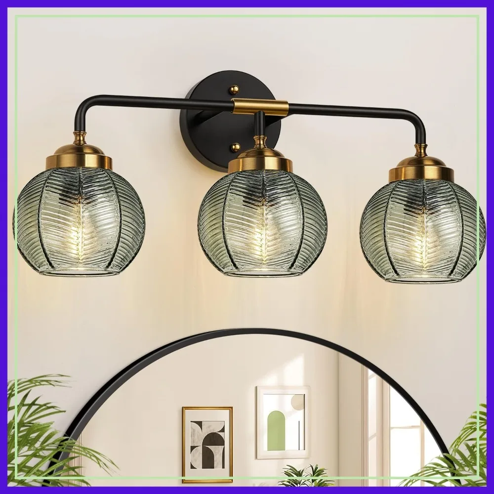 

3-Light Green Vanity Lights with Unique Leaf Texture Glass Shade, Modern Bathroom Wall Lamp for Mirror Hallway Cabinet