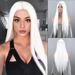 Peluca sintética frontal larga y recta blanca sin flequillo para mujer, las fibras del cabello son resistentes al calor, Cosplay, uso diario