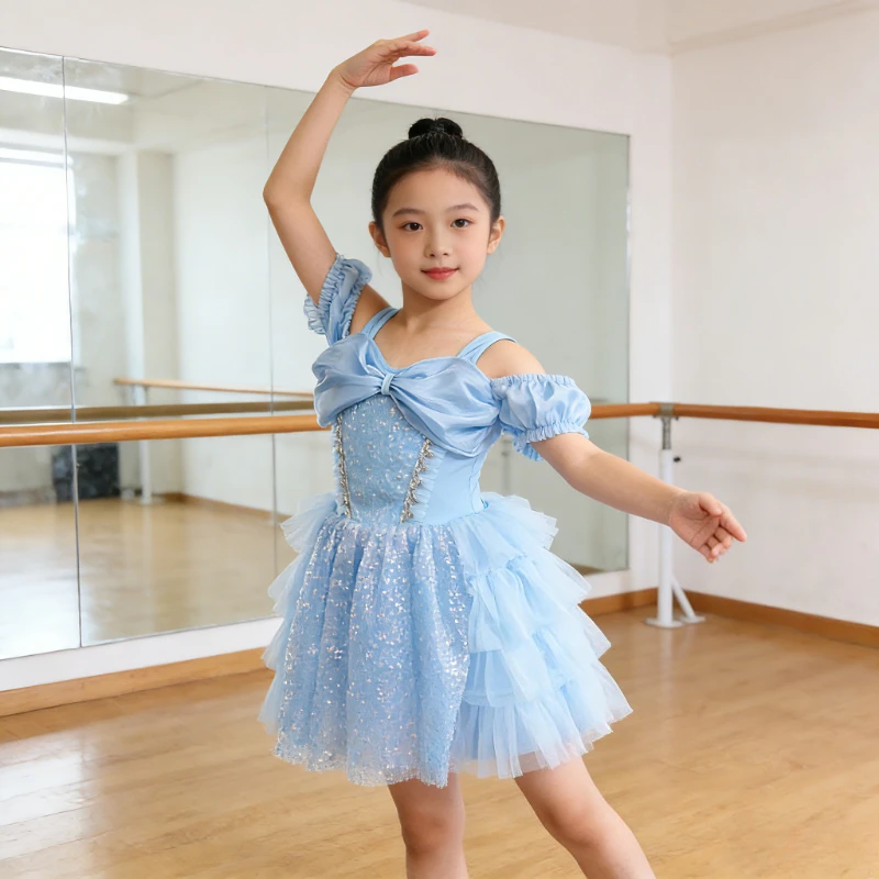 

Girls Ballet Tutu Dress Sparkly Sequin Dance Costume Off Shoulder Layered Tulle Ballet Dress Stage Performance Wear