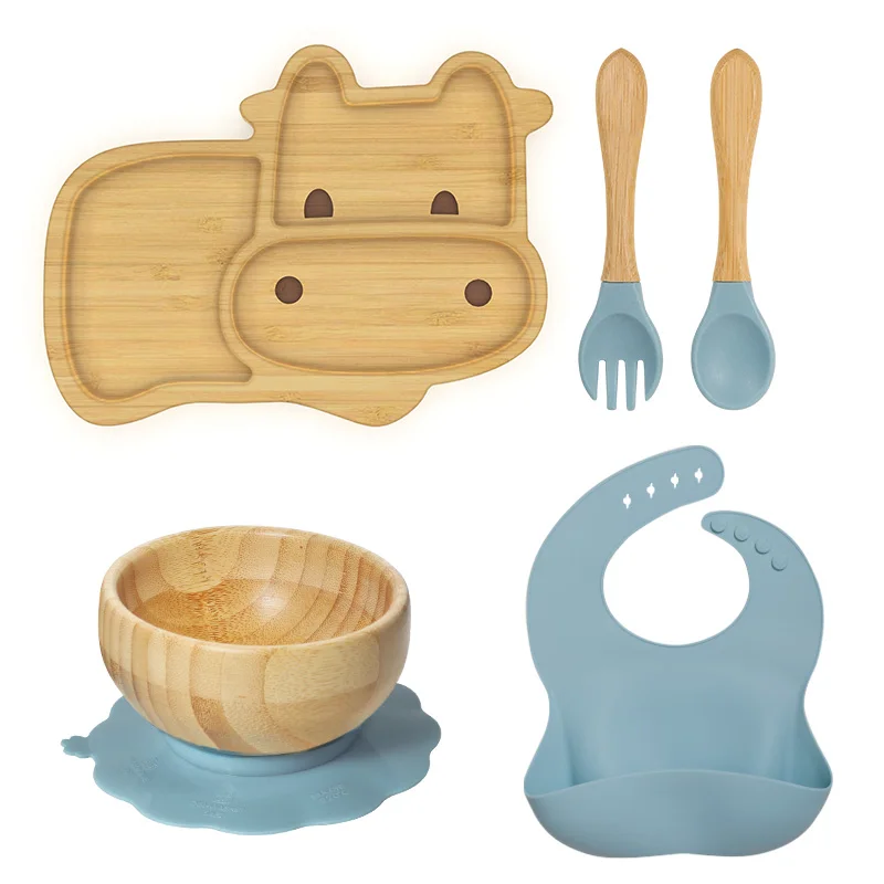 5Pcs/Set Baby Dinner Plate Bib Fork Spoon Feeding Bamboo Bowl Kids Feeding Animal Tableware Wood Non-slip Children Tableware