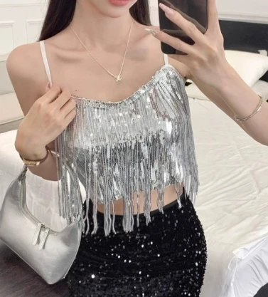 Sexy vintage new Tassels sequin top Set with Chic Crop Tops Women Fashion summer sweet Sling Top