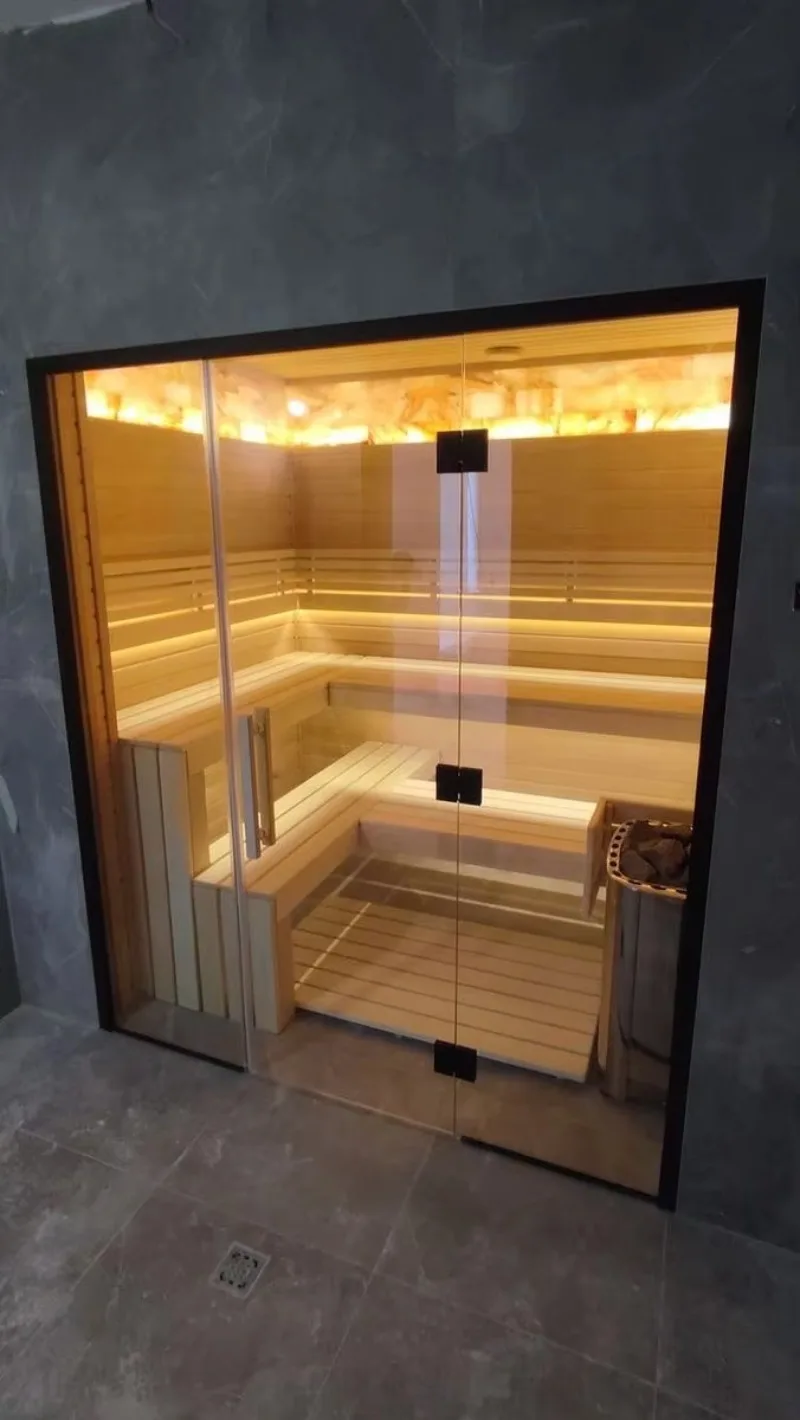 Modern Electric Outdoor Sauna Room with Red Cedar and Himalayan Salt Walls for 2-4 People Health Benefits