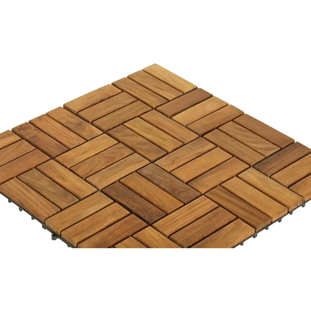 Baldosas entrelazadas de madera maciza de teca, paquete de 10, 12x12 pulgadas, color marrón