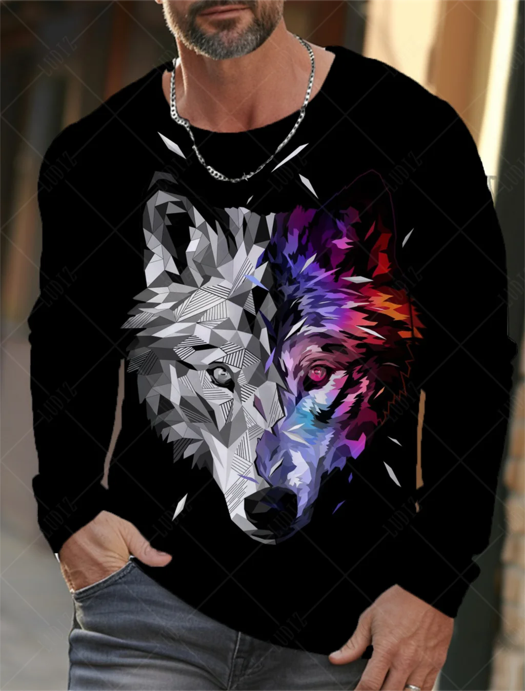 Vintage Men\'s Long Sleeve T-Shirt 3d Print Shirts Fashion Animal Wolf Graphics Clothing Sleeve Tops Men Oversized Streetwear Top