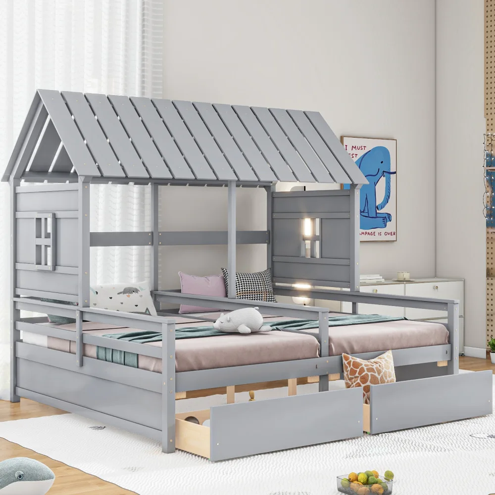 Twin Size House Platform Beds with Two Drawers for Boy and Girl Shared Beds, Combination of 2 Side By Side Twin Size Beds,White