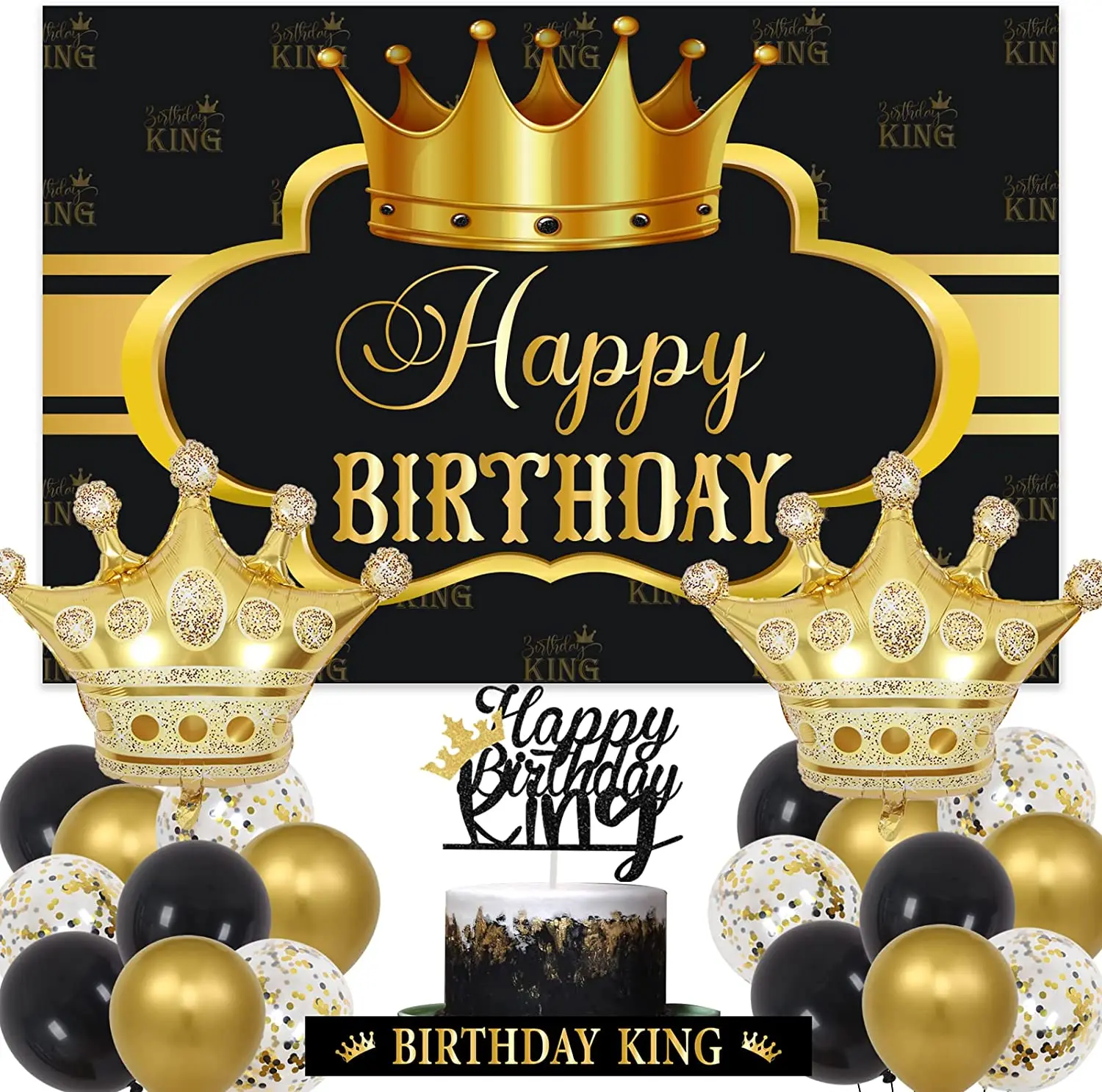 

King Birthday Decorations for Boy Royal Prince Party Backdrop Black and Gold Balloons Happy Birthday King Cake Topper Sash Kit