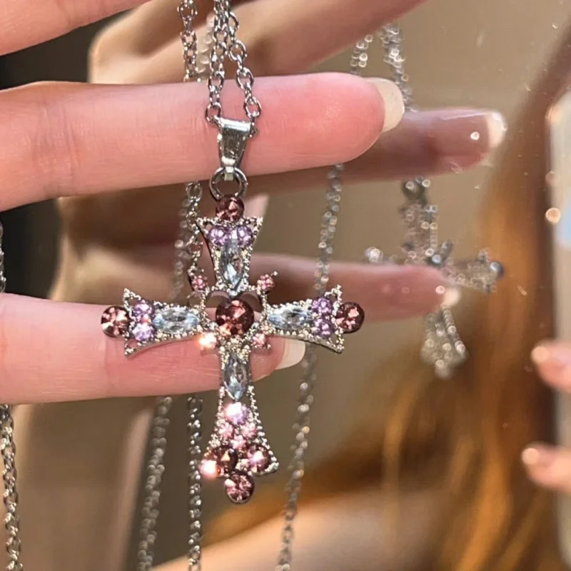 8Pcs Y2K Silver Necklace Set Pink Water Diamond Heart shaped Bow Cross Pendant Stackable Women's Jewelry