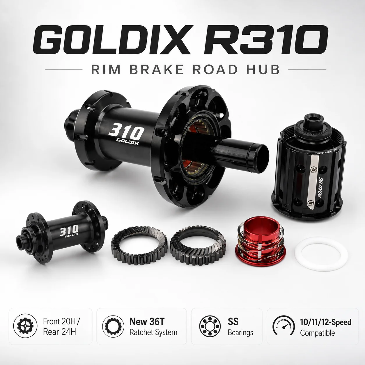 GOLDIX R310 Road Bike Hub 20/24H 36T Ratchet Rim Brake V-Brake 10/11/12 Speed Lightweight Road Bicycle Front Rear Wheel Hubset