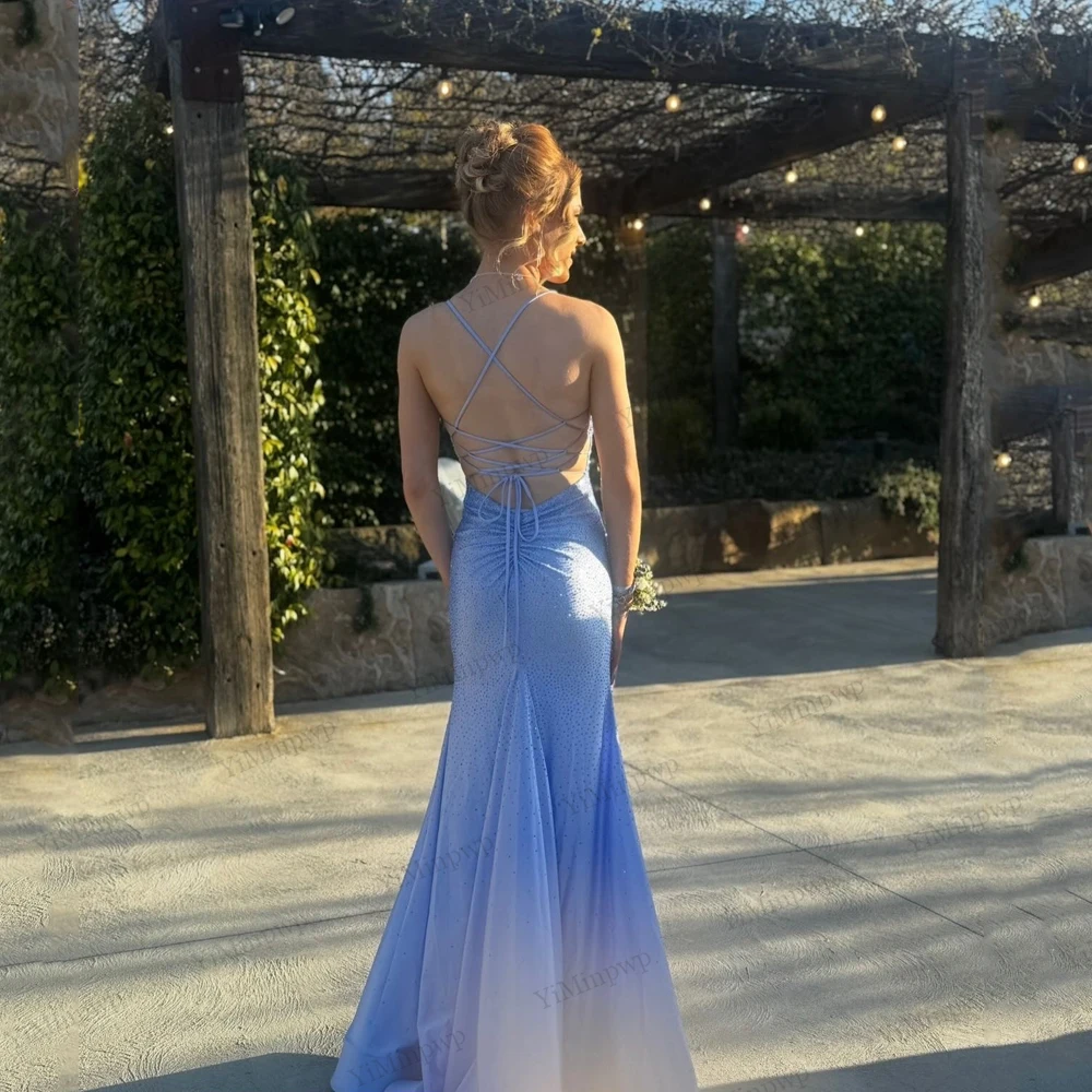فستان حفلة موسيقية أزرق لامع أشرطة سباغيتي حورية البحر على شكل حرف v بدون ظهر مثير لحفلات الزفاف فساتين الضيوف vestidos de fiesta Elegante حسب الطلب #5