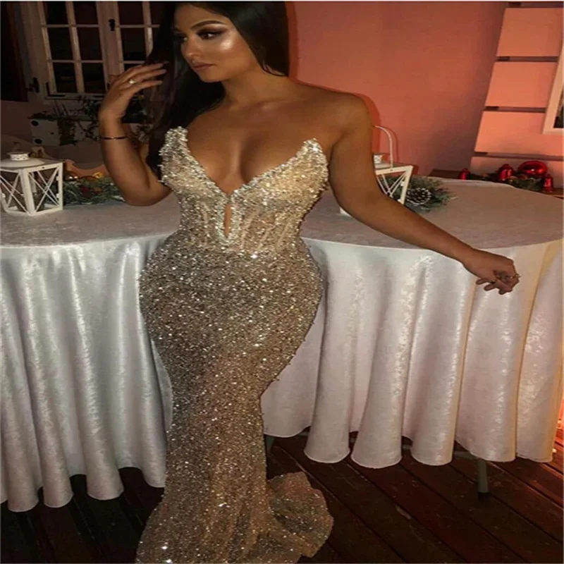 Strapless Sexy Sharon Happy Evening Dresses Sequins  Mermaid  Women's  Long Dresses For Women Suitable Dresses On Request