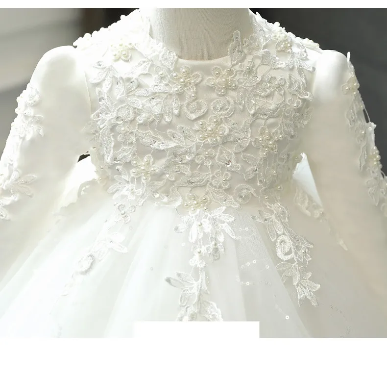 Baby Girl Wedding Dress Long Sleeve Newborn Girls Christmas Princess Gowns Beads Lace Infant Kids 1 Year Birthday Baptism Dress