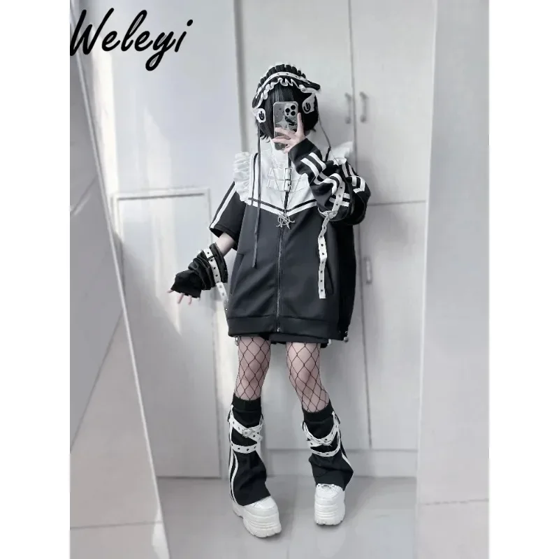 

Jirai Kei Y2K Two Piece Japanese Woman 2024 Sweet Subculture Mine Mass Produced Long Gray Black White Removable Sleeve Coat Set