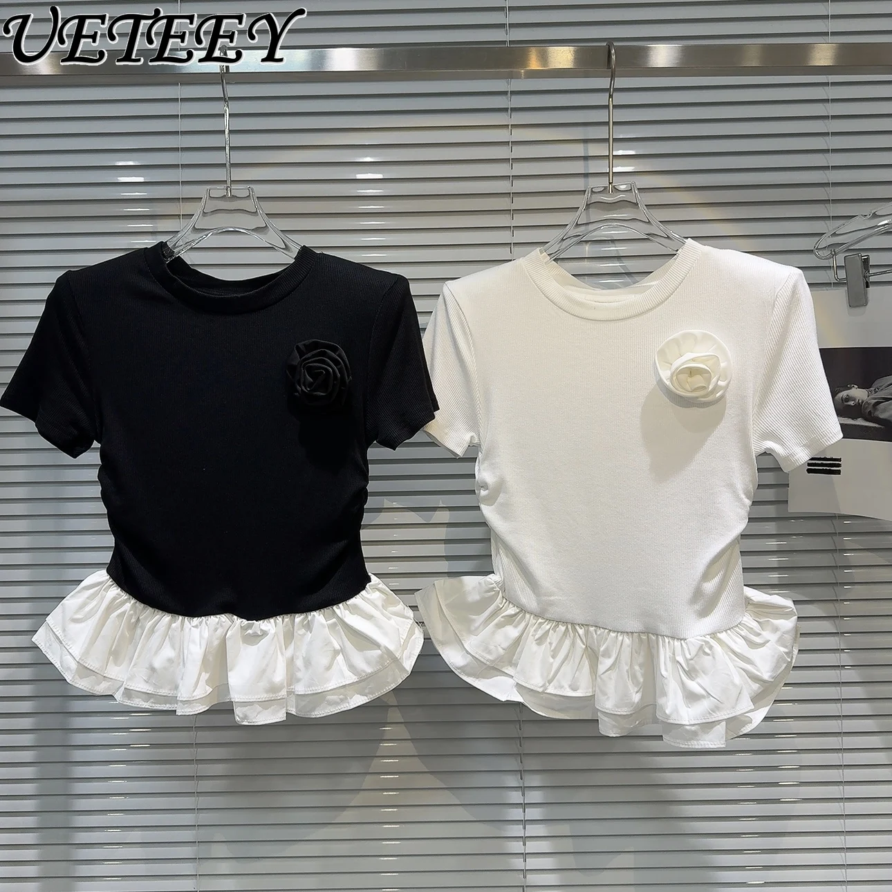 

2024 Summer New Street Puff Ruffles Hem Flower Brooch Short Sleeve T-shirt Women's High Waist Slim White Tshirt Y2k Top for Girl