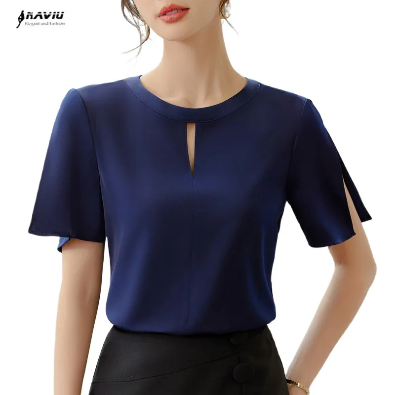 

NAVIU Summer Elegant Short Sleeve Blouse Women Fashion OL Work Shirt Casual Solid Holidy Tops Tunic Female Party Blusas Mujer