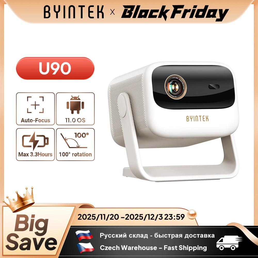 Proyektor BYINTEK U90 4K Full HD1080P Bioskop Android 11.0 WiFi Mini Portabel 1080P Proyektor DLP Video Home Theater dengan Baterai