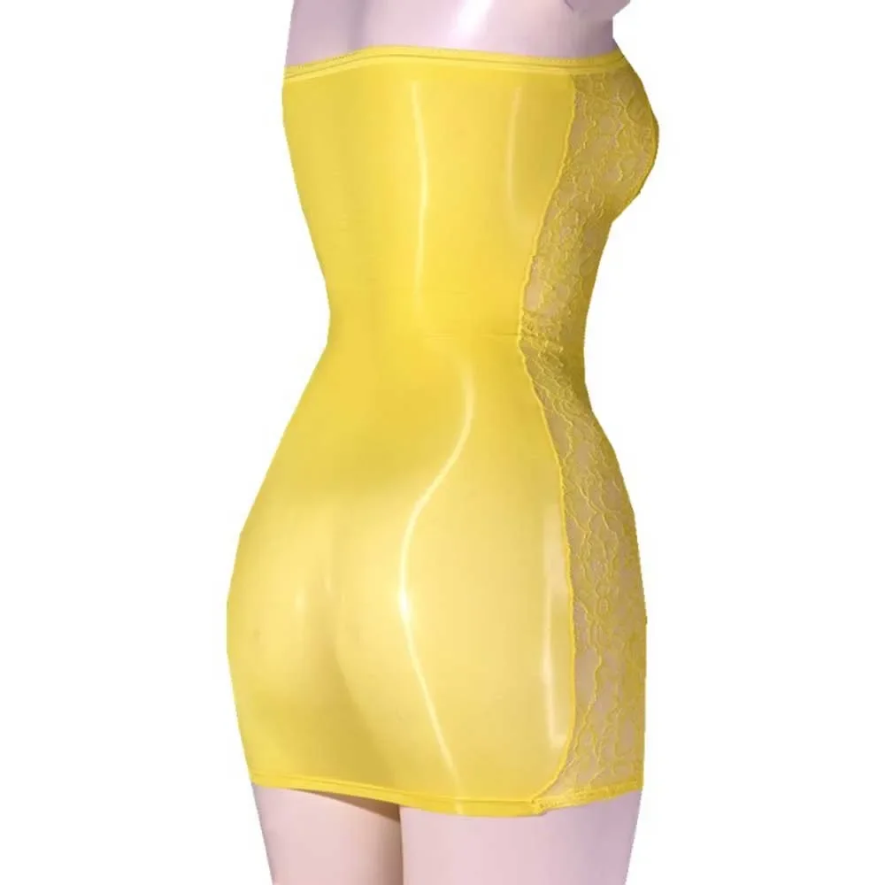 Stylish And Sexy Women's Bodycon Dress With Lace Seethrough Detail Shiny Oil Glossy Tube Top Stand Out At Parties