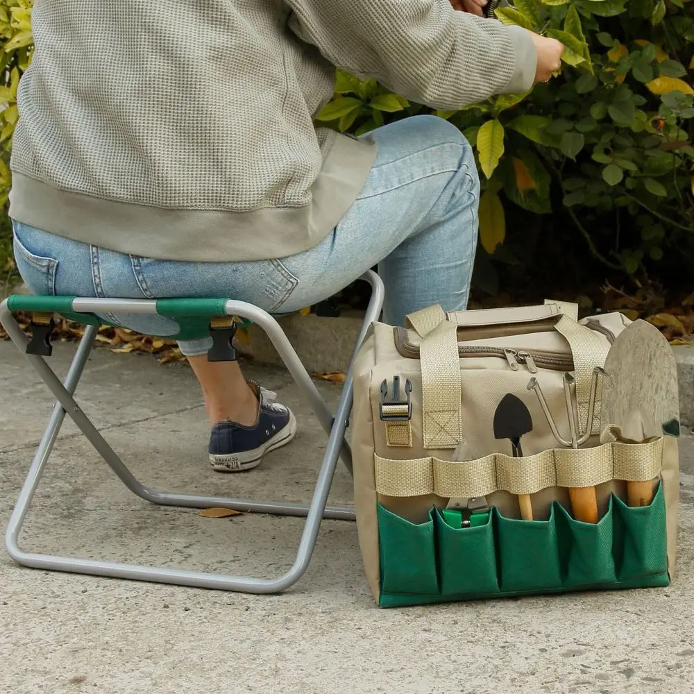 

2 in 1 Foldable Garden Stool Detachable Green Portable Folding Chair Large Capacity Canvas Garden Tools Storage Bag Gardening