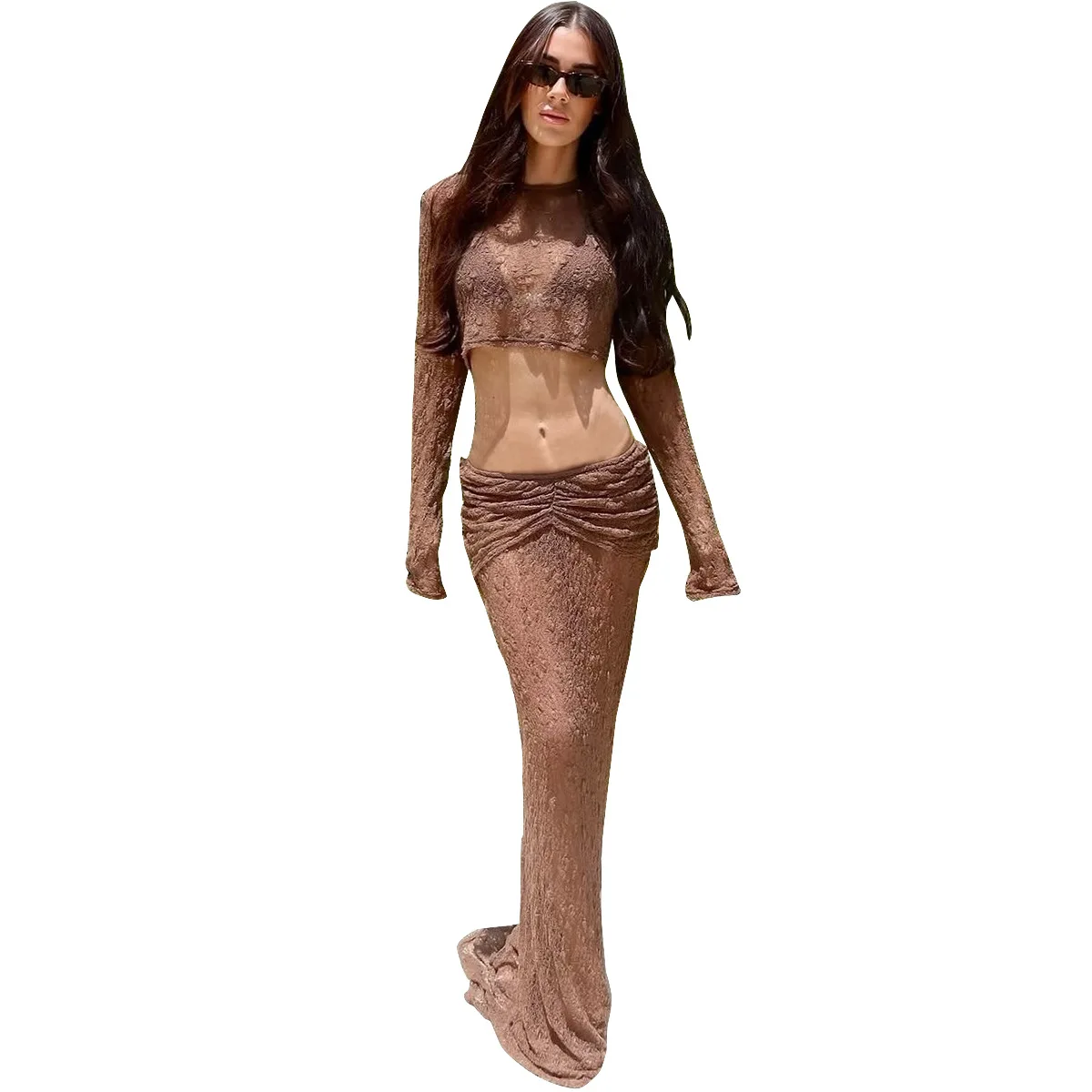 AliExpress, hot-selling 2025  new product, sexy open-button perspective European and American lace crew neck suit for women