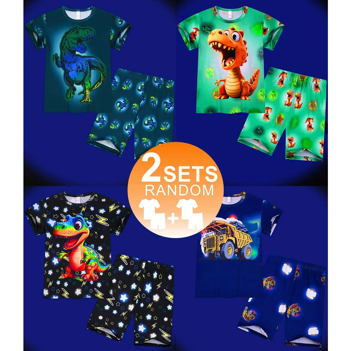 

【Through 1615 flame】Dinosaur Digital boys short sleeve shorts pajamas set random two sets, suitable for 3-9 years old boys