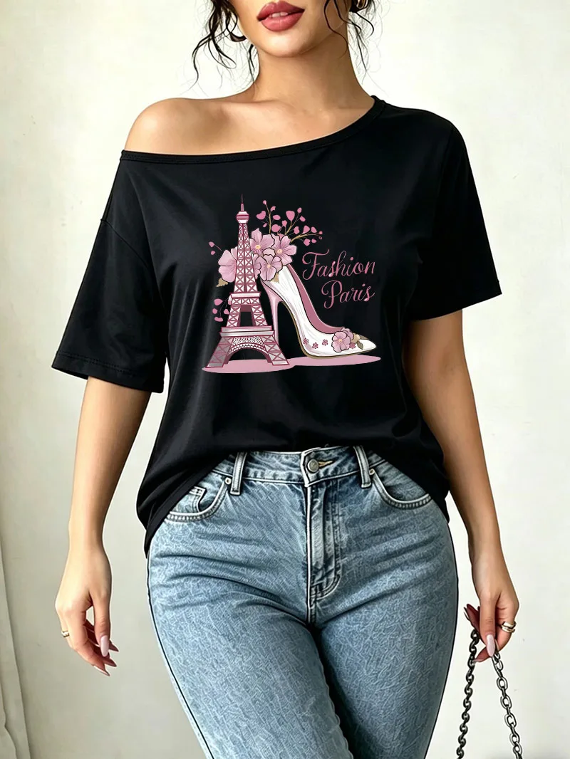 Fashion Paris Eiffel Tower Print Women T-shirt Off Shoulder Short Sleeve Crew Neck Casual Top Summer & Spring Women's Clothing