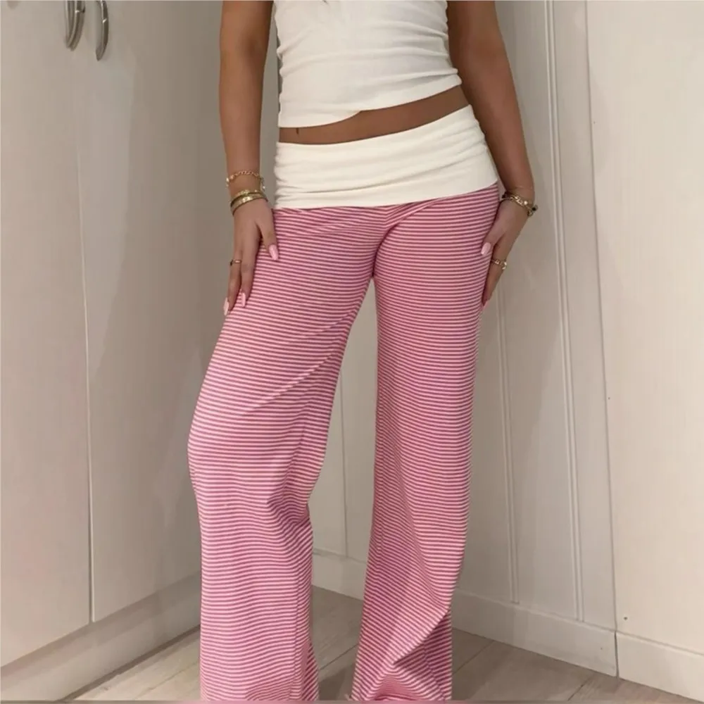 Women's Clothing Casual Homewear Pants Contrast Striped Knitted Straight Leg Pants All-match Simple Style Patchwork Comfortable