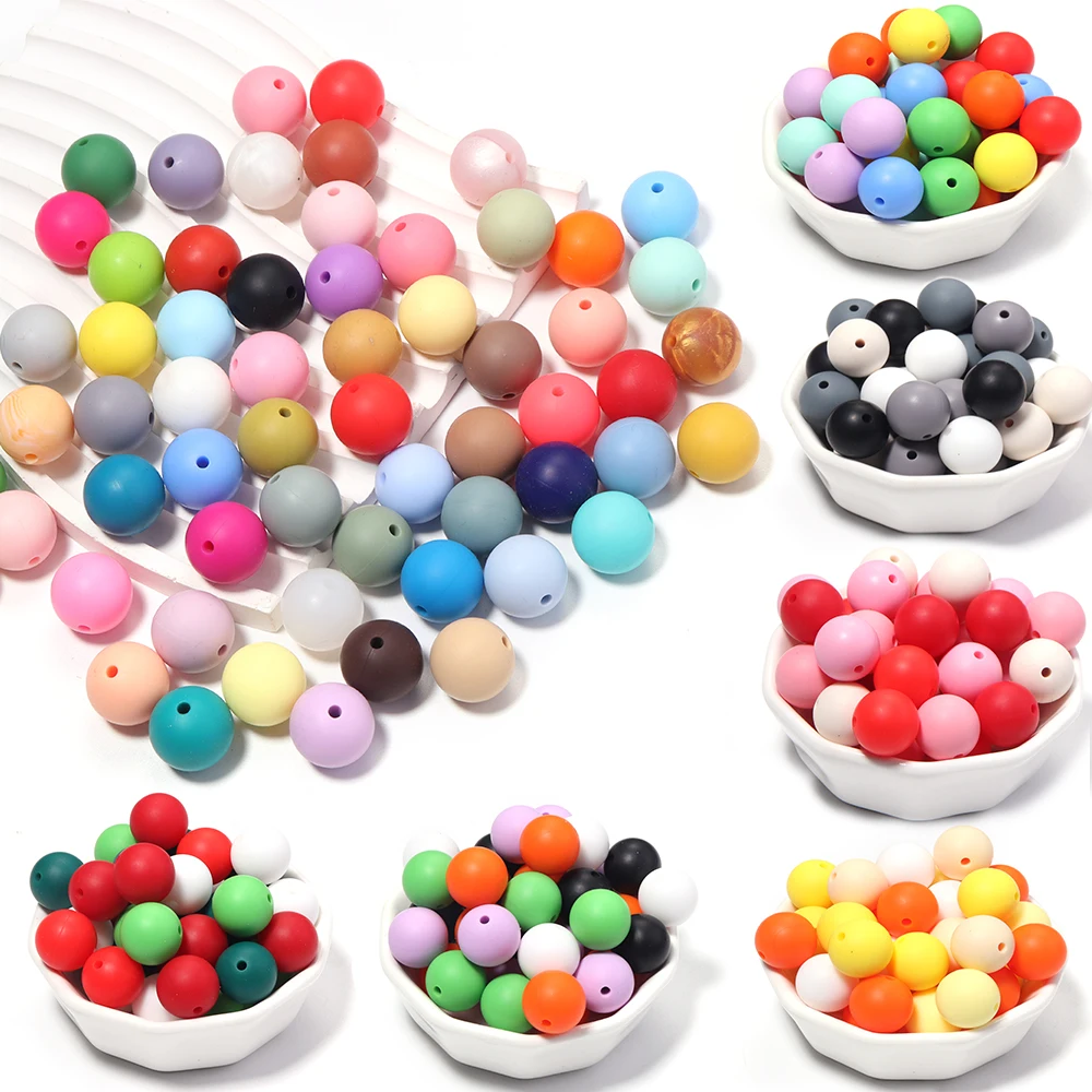50Pcs Multicolor Silicone Round Beads 15mm Loose Spacer Beads for Jewelry Making DIY Bracelet Necklace Phone Chain Accessories