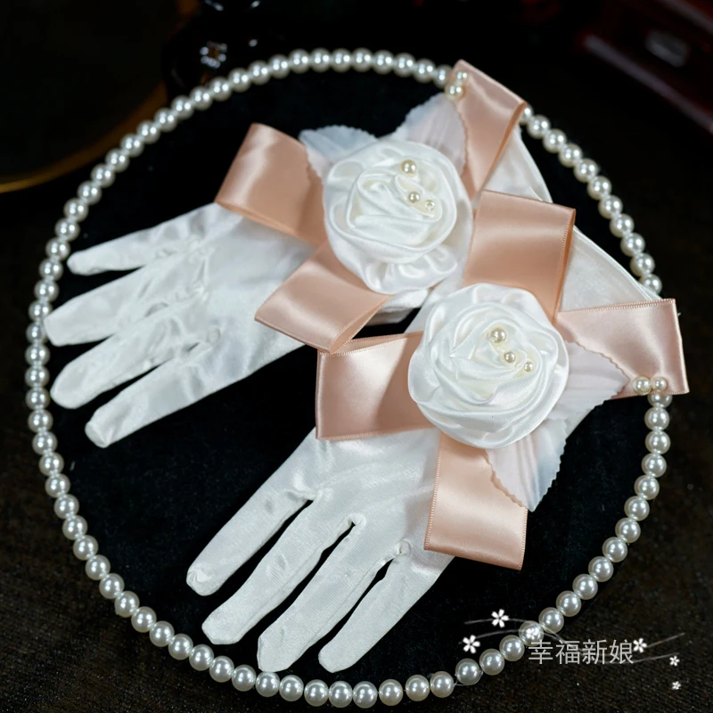 Women's Elegant Pearl Flower Bow White Satin Gloves Female Sexy Sunscreen Performance Dancing Party Driving Glove R1223