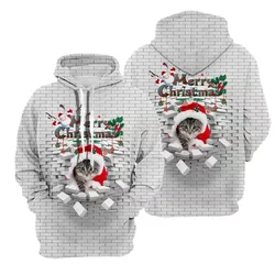 Christmas Hoodie For Men 3D Printed Animal Cat Ripped Wall Graphic Sweatshirts Long Sleeve Pullover New In Hoodies & Sweatshirts