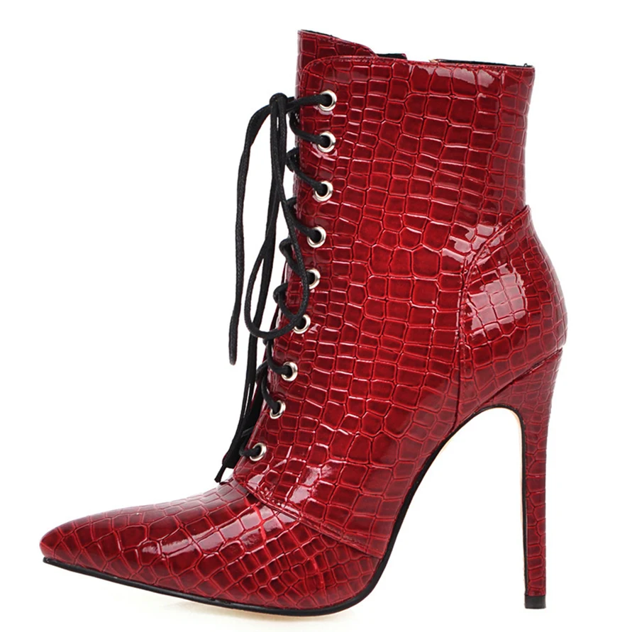 Botines de serpiente para mujer, botas cortas de tacón alto con punta puntiaguda a la moda, zapatos de fiesta sexis con cordones en rojo y blanco para mujer, talla grande 48