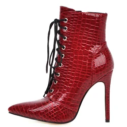 Snake Ankle Boots For Women Fashion Point Toe High Heels Women's Short Boot Sexy Lace-up Red White Party Shoes Woman Big Size 48