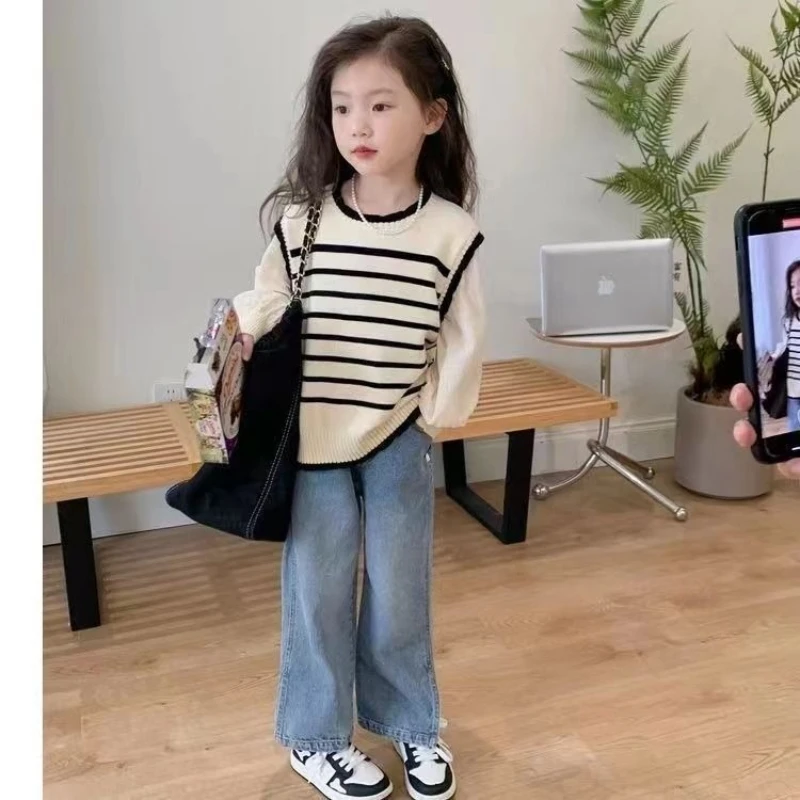 Girls Striped Knit Sweater Fake Two‑Piece Long‑Sleeve Tops Kids Casual Fashion Pullover Spring Autumn Children Clothing