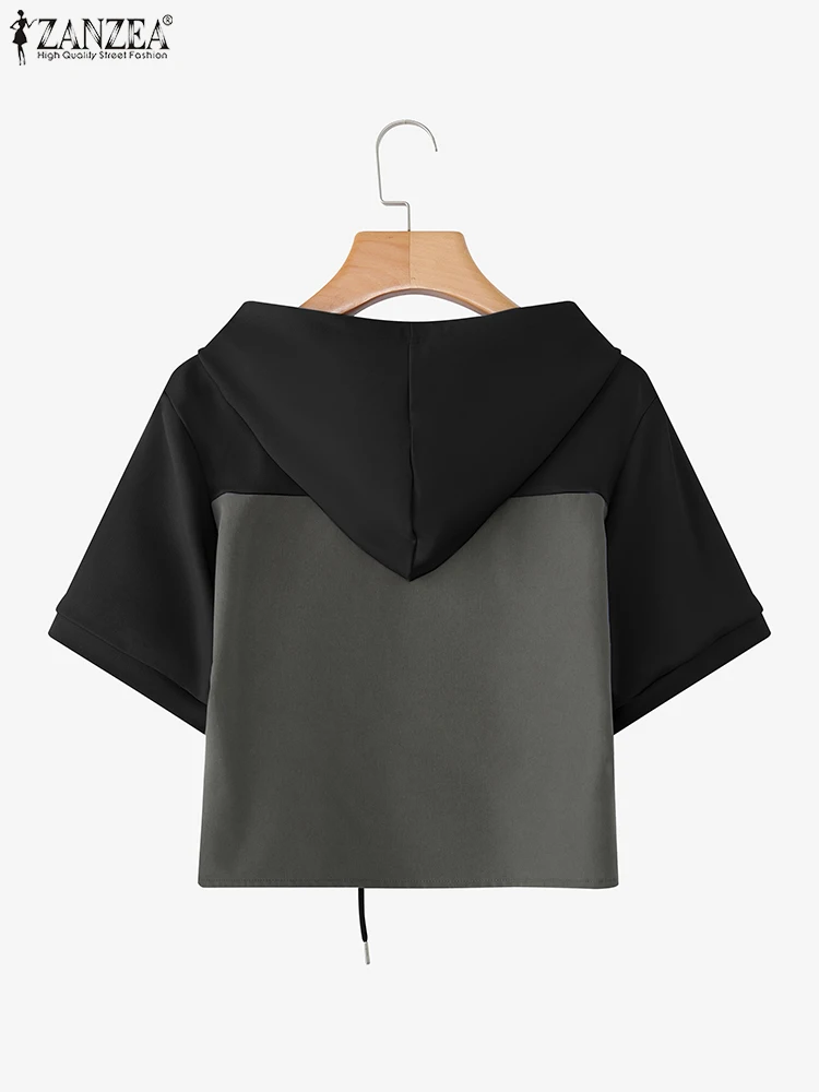2025ZANZEA Zomer Vrouwen Capuchon Tops Korte Mouw Kleur Patchwork Blouse Elegante Hoodies Truien Mode Kantoor Werk Blusas