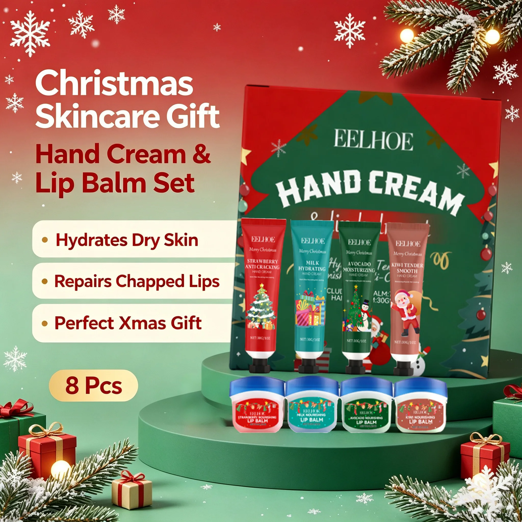 Christmas Hand Cream Lip Balm Set Deeply Hydrating & Repair Dry Skin Christmas Gift Set for Dry Skin Winter Care Travel Kit