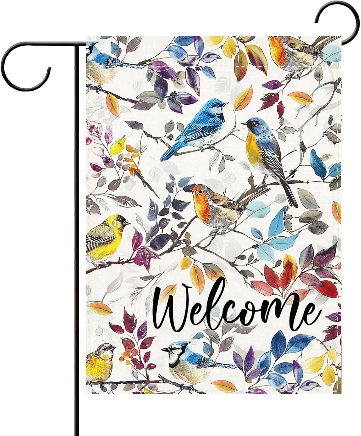 Watercolor Birds Leaves Welcome Decorative Garden Flag, Bluebird Robin Goldfinch Branches Small Yard Outside Decorations, Sp MMZ
