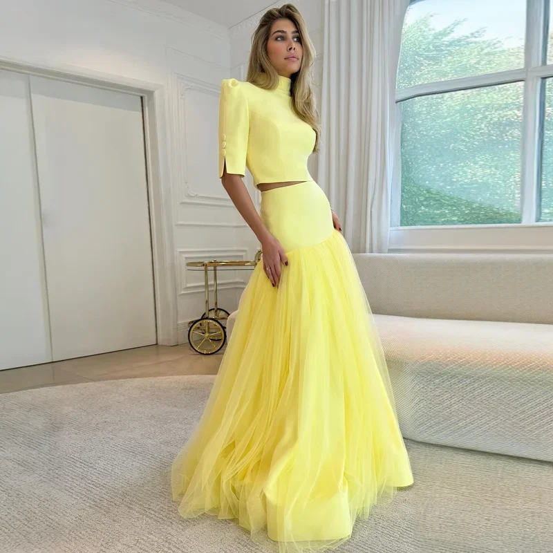 Little Daisy Customized Yellow Two Pieces Party Dresses High Neck Stretchy Silk Tulle Women Formal Occasion Dress 2 Pcs Maxi Pro